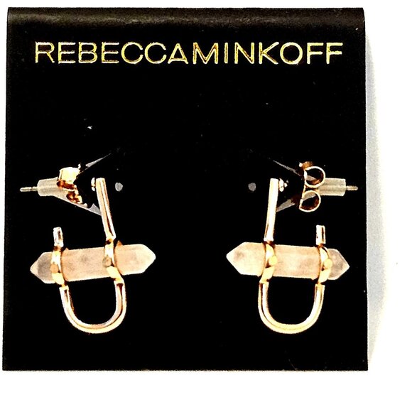 Rebecca Minkoff Rose Quartz Gold Tone Pierced Earrings  New - Picture 1 of 2